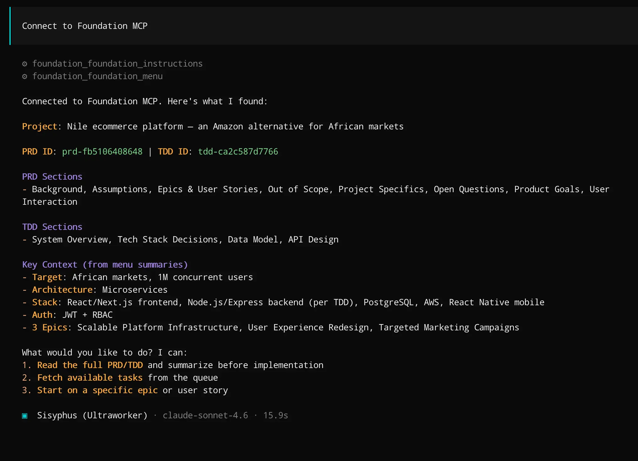 Foundation MCP feeding PRD and TDD context into a coding agent session