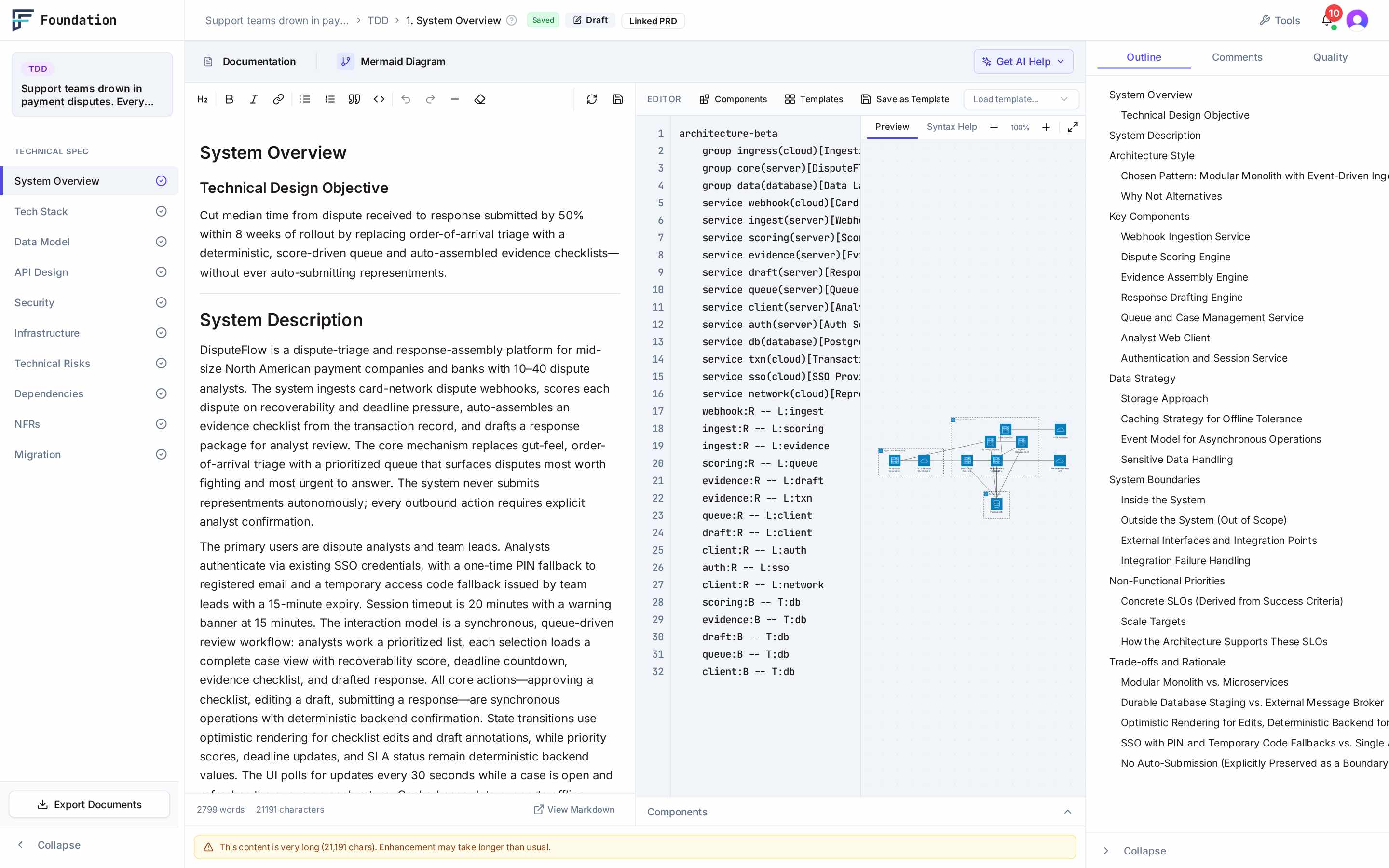 TDD editor showing System Overview with architecture diagram, API specs, and linked PRD context
