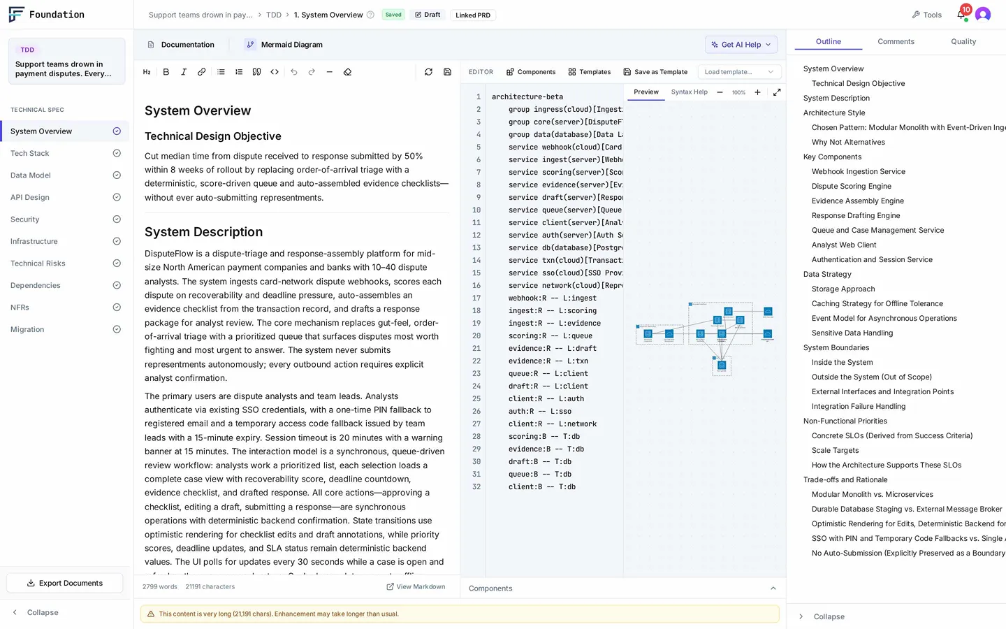 TDD editor showing System Overview with architecture diagram, API specs, and linked PRD context